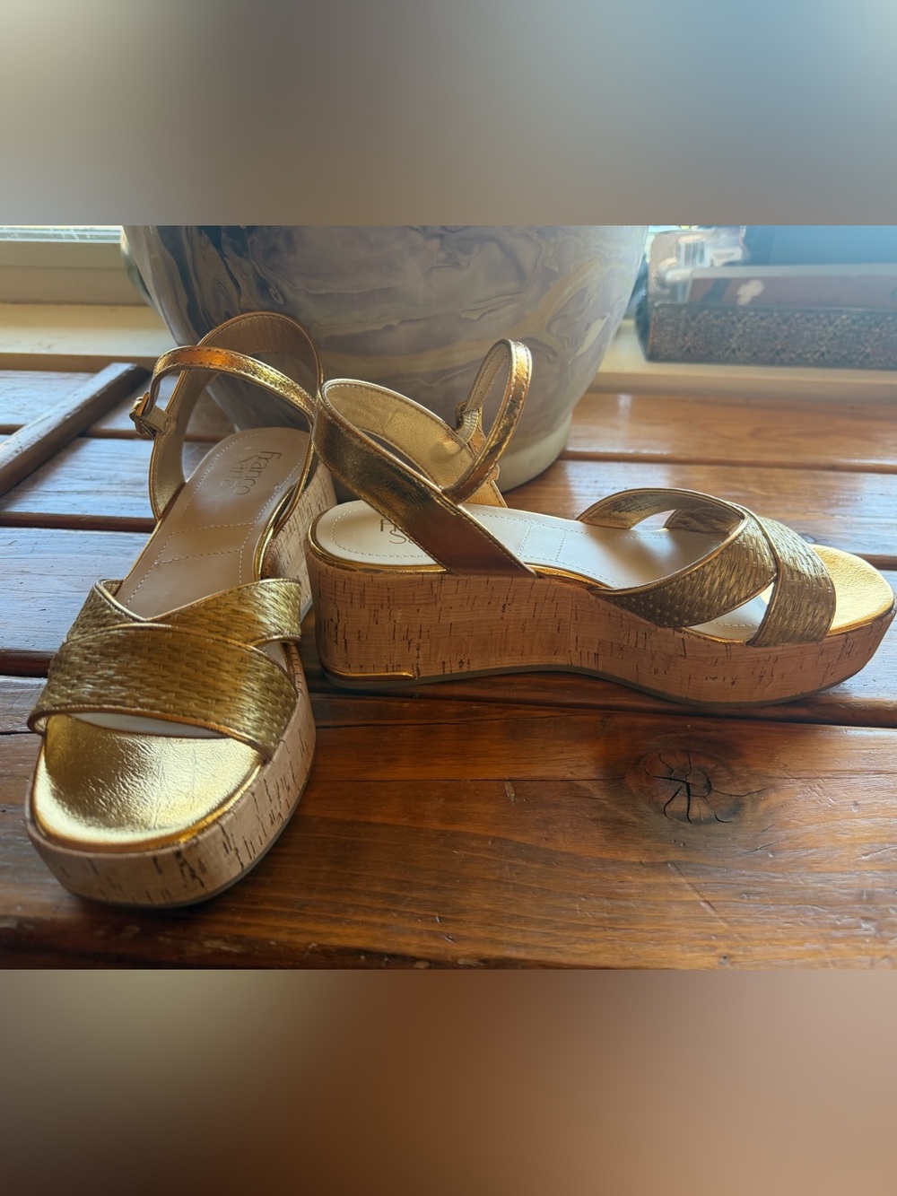Franco Sarto Gold Platform Cork Wedge Sandals